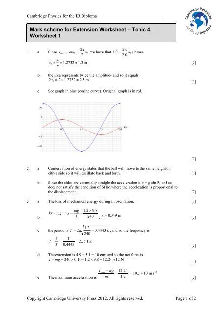 Mark scheme for Extension Worksheet â€“ Topic 4, Worksheet 1