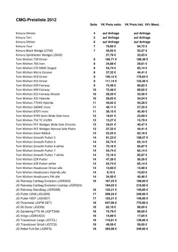 CLUBMATE GOLF Preisliste 2012