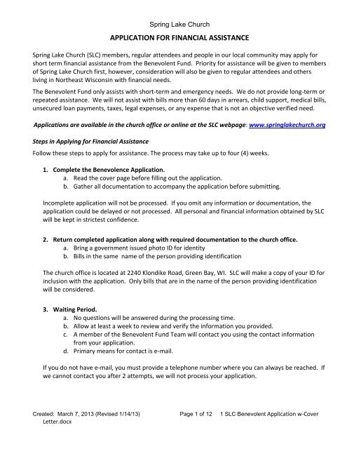 Benevolence Application Form Spring Lake Church