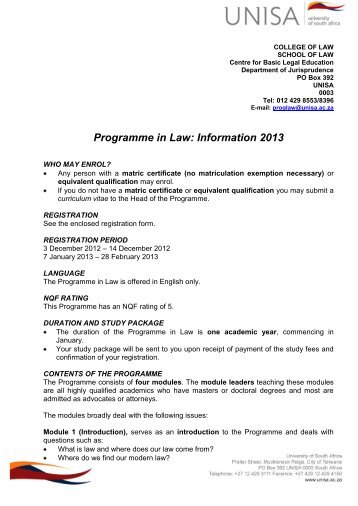 Programme in Law: Information 2013 - University of South Africa