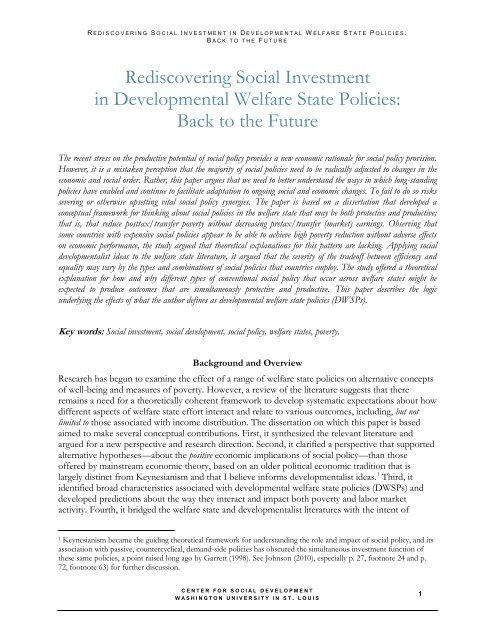 Rediscovering social investment in developmental welfare state ...