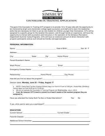counselor-in-training application - Simsbury Recreation Department