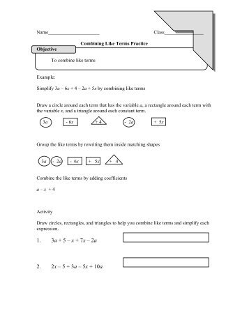 Combining Like Terms Fractions Worksheet  classwork combining like terms distributive 