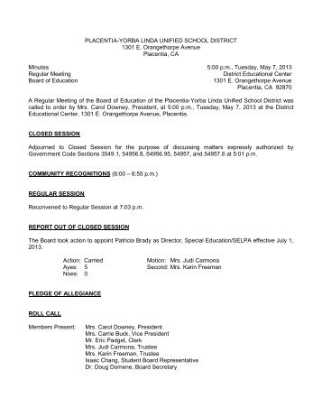 May 7, 2013 Board Minutes - Placentia-Yorba Linda Unified School ...