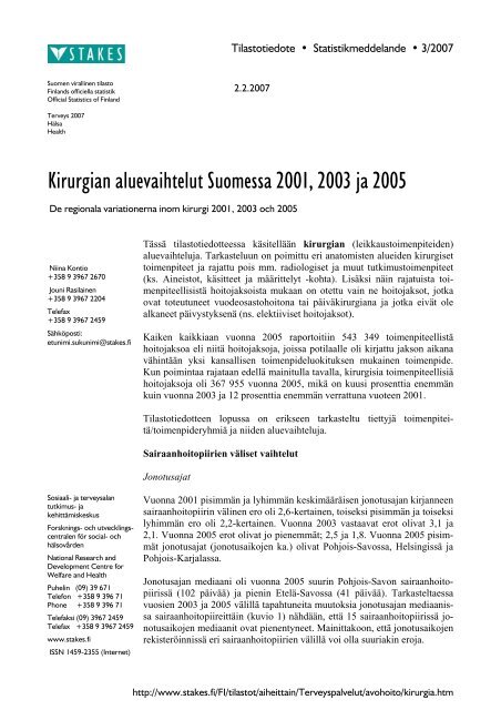 Kirurgian aluevaihtelut Suomessa 2001 2003 ja 2005 De  