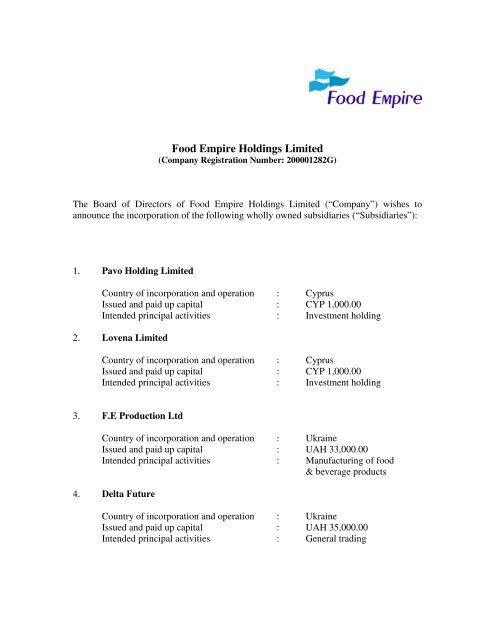 Incorporation Of New Subsidiaries - Food Empire Holdings Limited