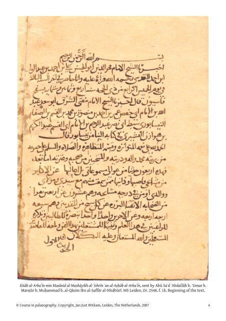 Course of Islamic paleography by Jan Just Witkam Tasks for the ...