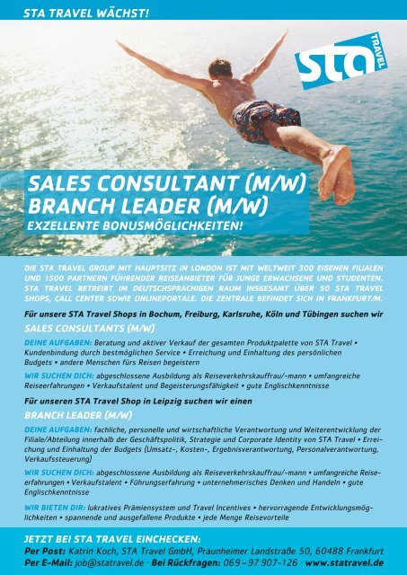 SAleS conSultAnt (M/w) brAnch leADer (M/w) - STA Travel