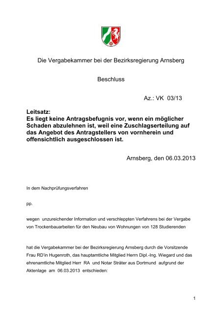 Die Vergabekammer bei der Bezirksregierung Arnsberg Beschluss ...