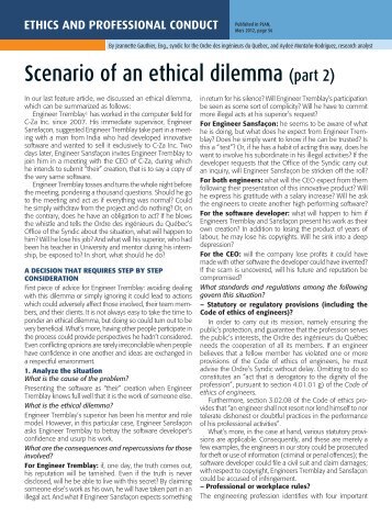 Scenario of an ethical dilemma - Ordre des ingénieurs du Québec