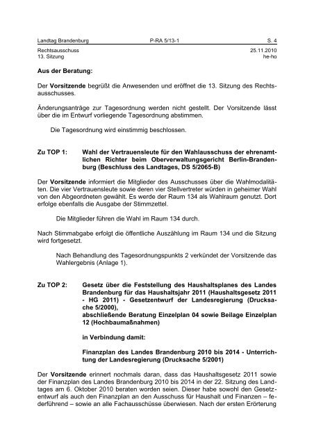 Landtag Brandenburg P-RA 5/13-1 Protokoll - Teil 1