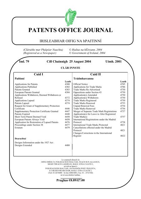 PATENTS OFFICE JOURNAL - Irish Patents Office