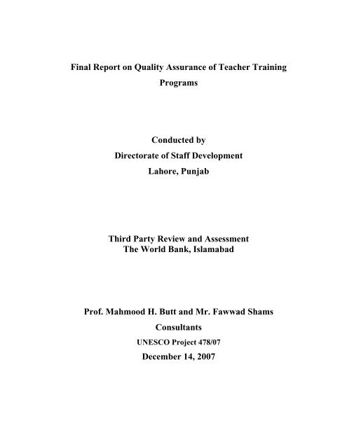 Report on Quality Assurance of Teacher Training Program