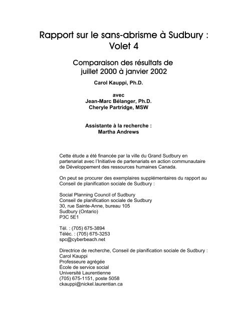 Rapport complet sur le sans-abrisme ÃƒÂ  Sudbury : Volet 4