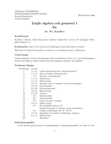 LinjÃ¤r algebra och geometri 1 fÃ¶r - Matematiska institutionen ...