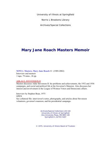 Mary Jane Roach Masters Memoir - University of Illinois Springfield