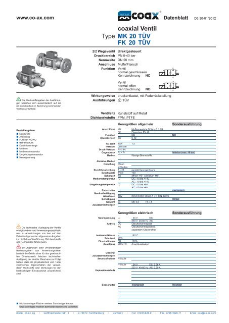 Type coaxial Ventil MK 20 TÜV FK 20 TÜV - müller co-ax ag