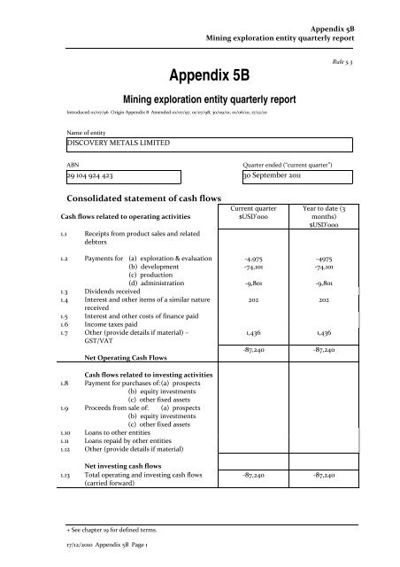 Quarterly Activities Report - 1 July to 30 September 2011 - Discovery ...