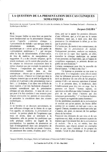 La question de la prÃ©sentation des cas cliniques somatiques, J ...