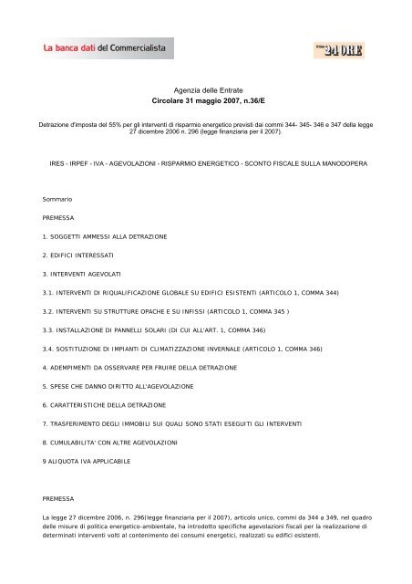Circolare n. 36 del 31/05/2007 - Preventivo Certificazione Energetica