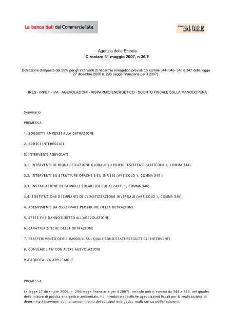 Circolare n. 36 del 31/05/2007 - Preventivo Certificazione Energetica