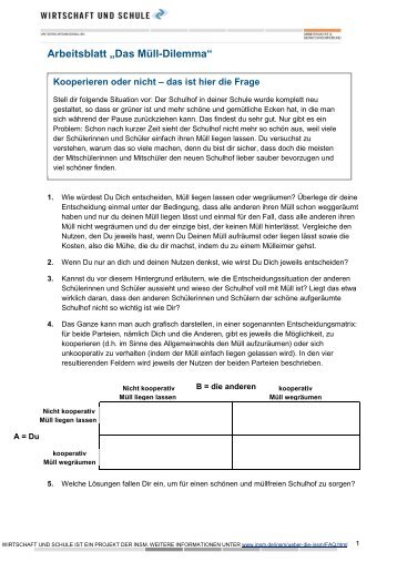 Arbeitsblatt Ã¢Â€ÂžDas MÃƒÂ¼ll-DilemmaÃ¢Â€Âœ - Wirtschaft und Schule