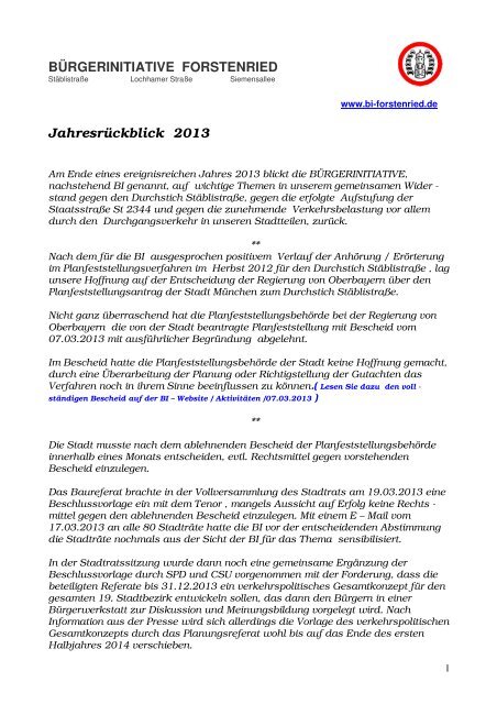 Jahresrückblick 2013 - bei der Bürgerinitiative Forstenried