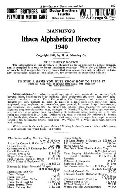 Ithaca Alphabetical Directory 1940 - Tompkins County Public Library