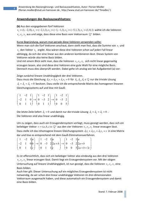 Anwendungen des BasisergÃ¤nzungs- und Basisauswahlsatzes