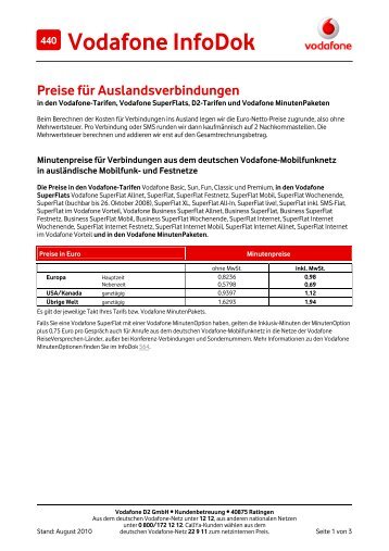 Infodok 440: Preise für Auslandsverbindungen in den Vodafone ...