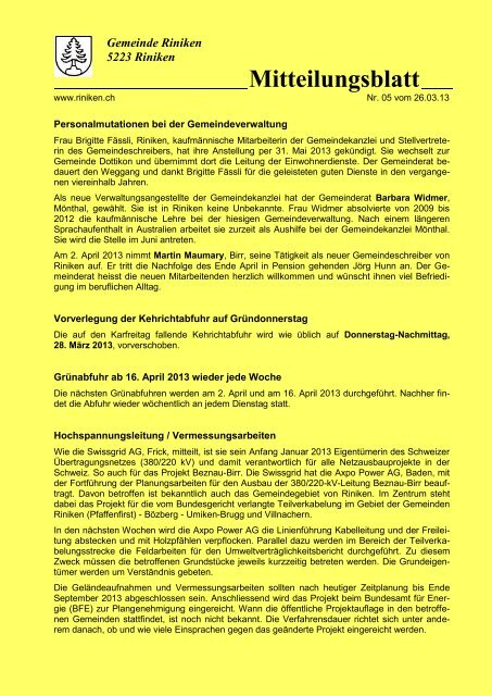 Mitteilungsblatt Nr. 05 vom 26.03.2013 - Gemeinde Riniken