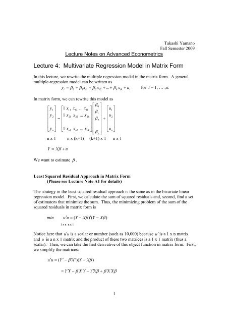 Lecture 4: Multivariate Regression Model in Matrix Form