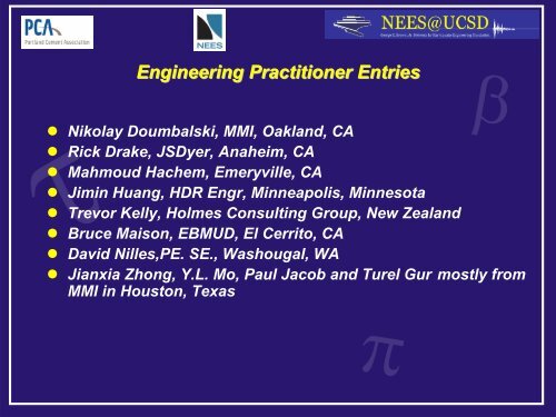 UCSD, PCA & NEES BLIND PREDICTION CONTEST