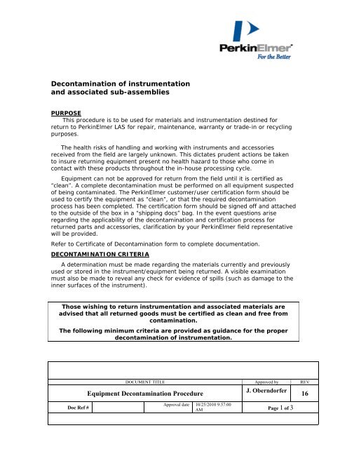 Procedure for Decontamination for Maintenance ... - PerkinElmer