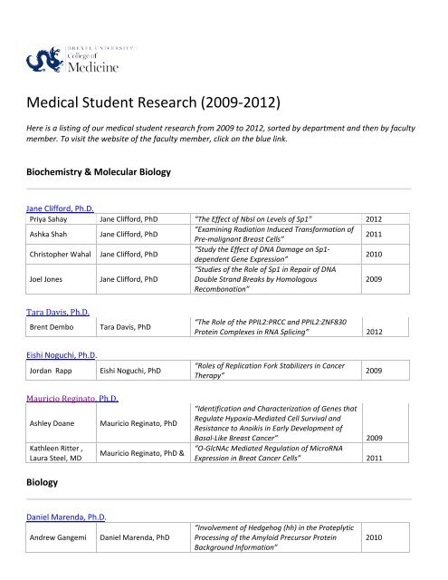 Medical Student Research (2009-2012) - Drexel University College ...