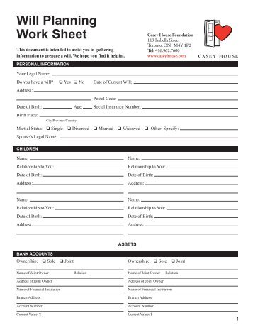 Will Planning Worksheet - Casey House