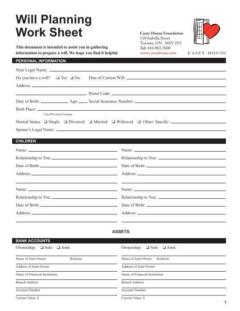 Will Planning Worksheet - Casey House