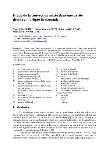 Etude de la convection mixte dans une cavitÃƒÂ© demi-cylindrique ...