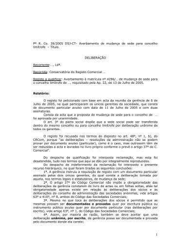 PÂº R. Co. 39/2005 DSJ-CT- Averbamento de mudanÃ§a de sede para ...