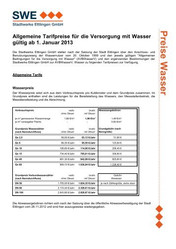 Preisblatt - Stadtwerke Ettlingen GmbH