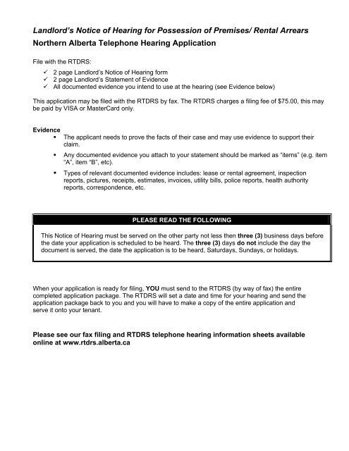 landlord s notice of hearing for possession of service alberta