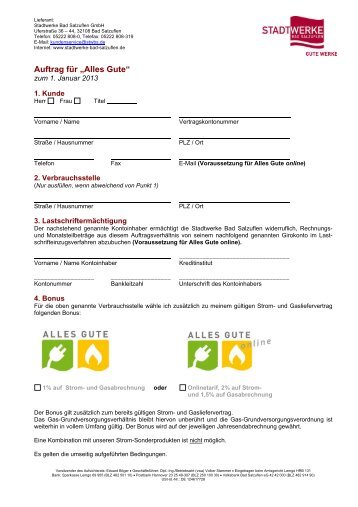 Auftragsformular Koppelprodukt - Stadtwerke Bad Salzuflen