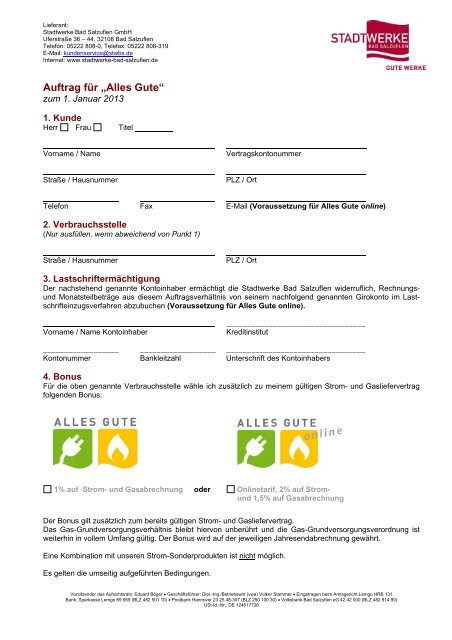 Auftragsformular Koppelprodukt - Stadtwerke Bad Salzuflen