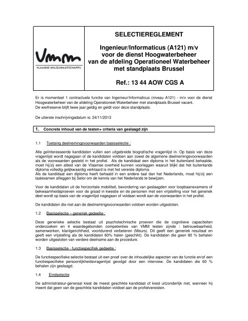 SELECTIEREGLEMENT Ingenieur/Informaticus (A121) m/v voor de ...
