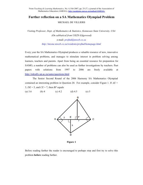 Further reflection on a SA Mathematics Olympiad ... - MySite - Mweb