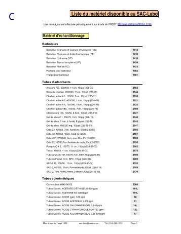 Liste du matériel disponible au SAC-Labo - Irsst