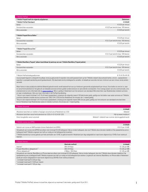 Prijslijst T-Mobile PrePaid, tarieven inclusief btw, afgerond op ...