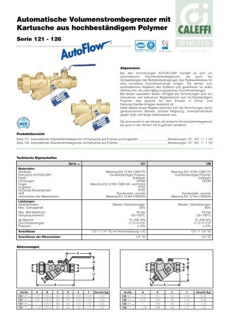 Automatische Volumenstrombegrenzer mit Kartusche aus ... - Caleffi