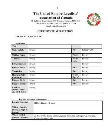 Certificate application - for United Empire Loyalists