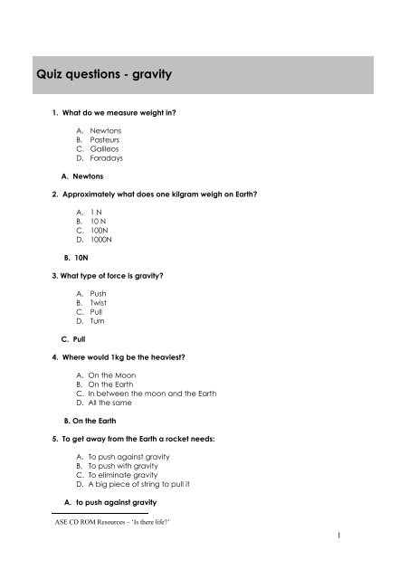 Quiz questions - gravity - National STEM Centre